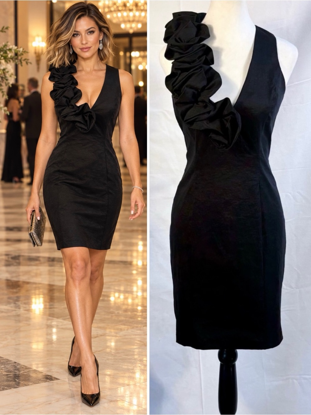 💥Cache Black Sculptural Ruffle V-Neck Cocktail Sheath Dress Sz 8🧡
